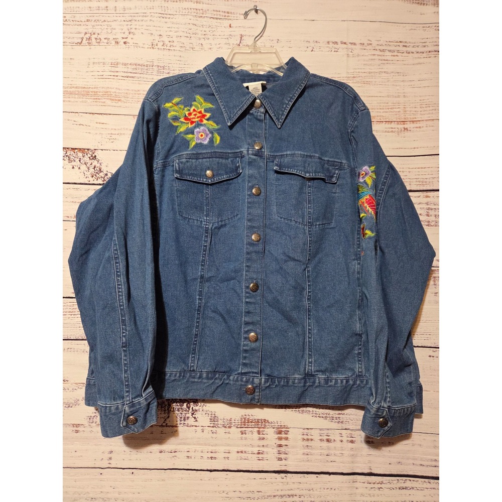 Yi Lin Women 1X Embroidered Denim Jacket Bird Floral Trucker Medium Wash